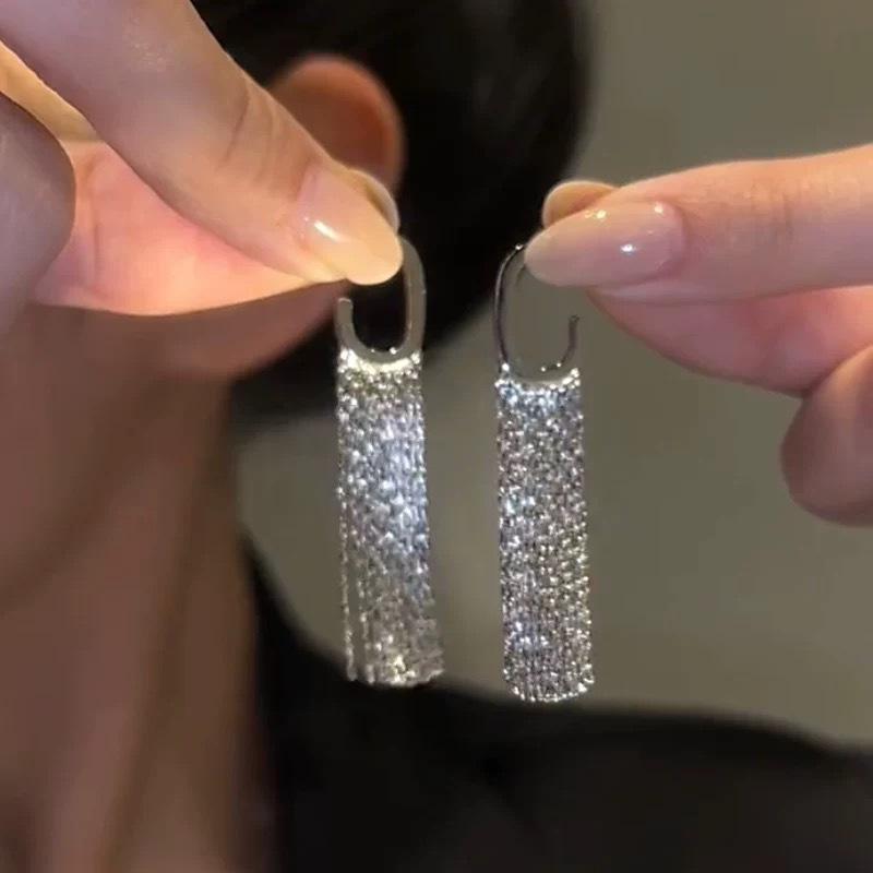 New Trendy 111 Silver Needle Long G-shaped Fringed Stud Earrings Women's Niche Design High-end Earrings Temperament Versatile Earrings