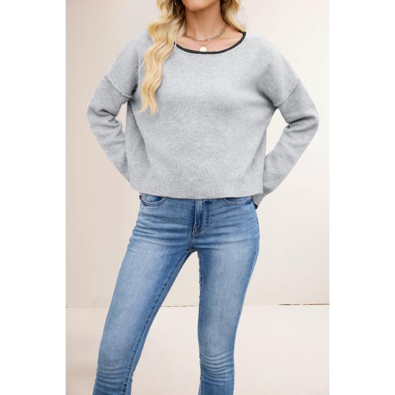 

New women s clothing hot-selling autumn and winter round neck color matching knitted sweater loose versatile pullover sweater S