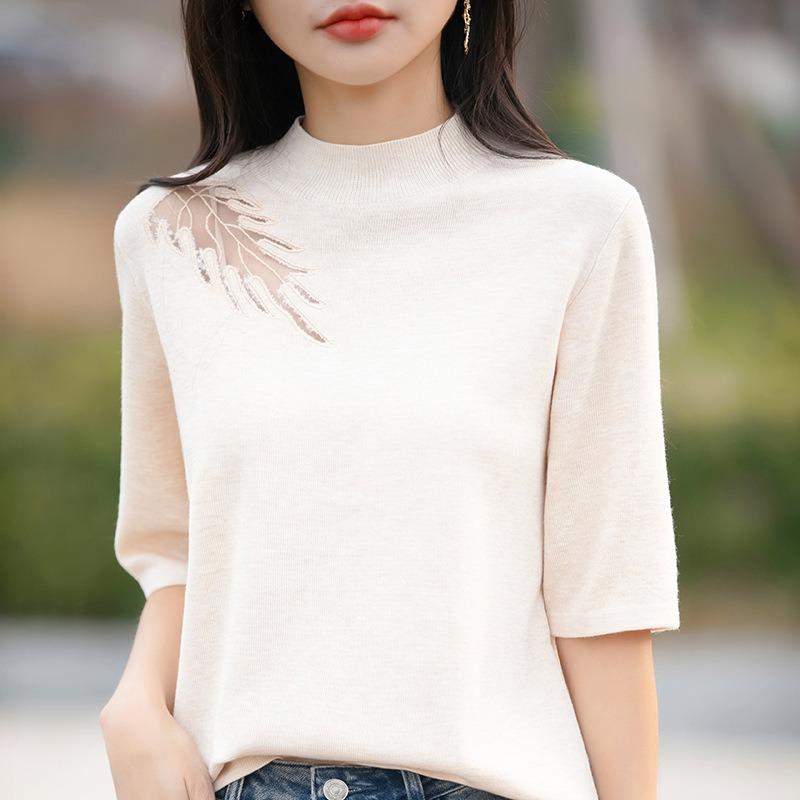 Damen Frühling und Sommer Neu Halboher Kragen Halbarm Kammgarn Strickpullover Spitze Spleißen Unterhemd Dünnes T-Shirt