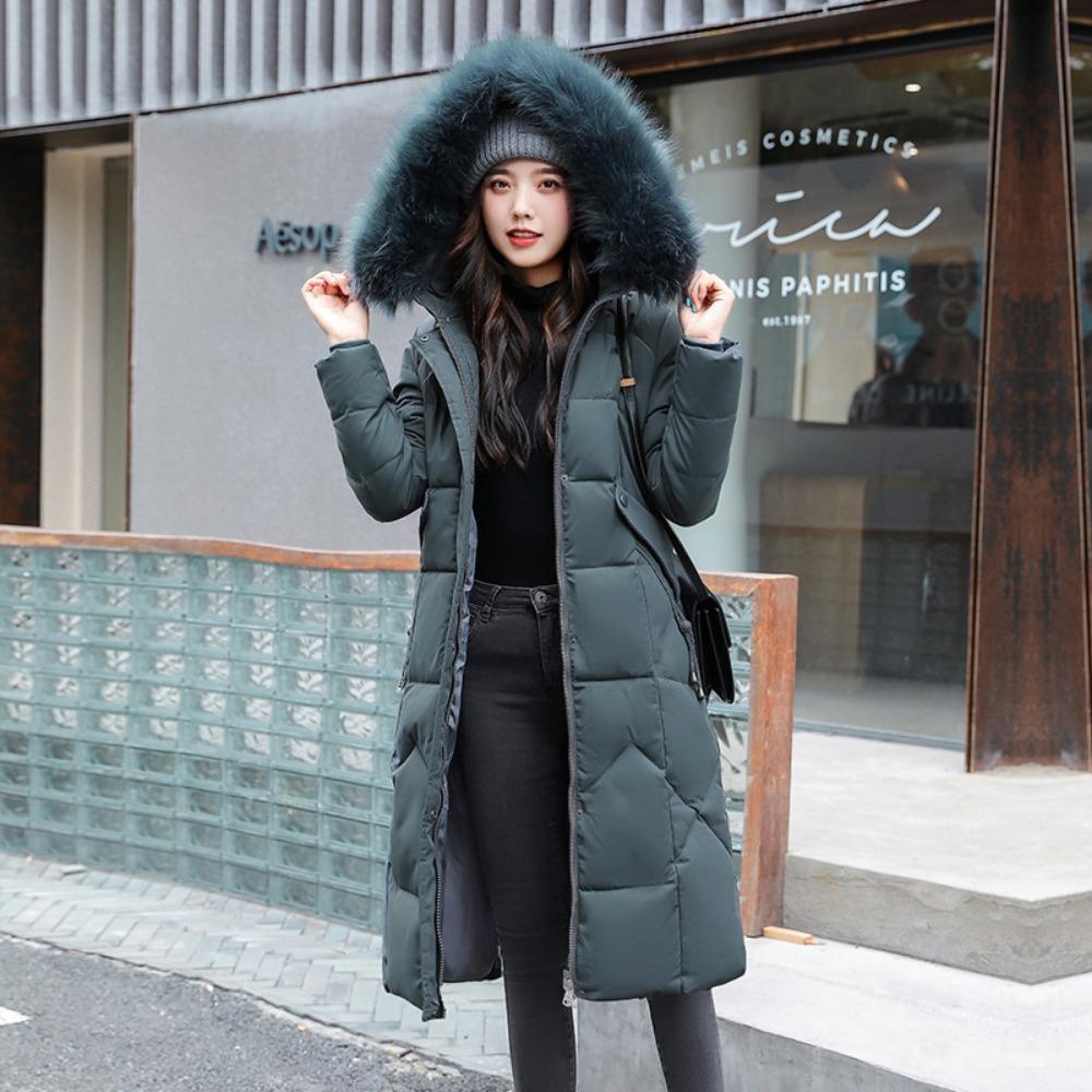 Winter New Fashion Slim-fit Over-knee Big Fur Collar Down Cotton Clothes Women's Medium and Long Coat