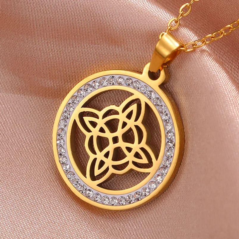 LIKGREAT Stainless Steel Celtic Witches Knot Zircon Round Necklace for Women Men Hot Selling Viking Wiccan Talisman Jewelry Gift
