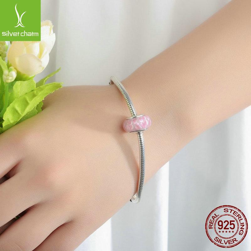 Korean Hot-Selling 925 Sterling Silver Pink Flower Glass Bracelet Beads SCZ008