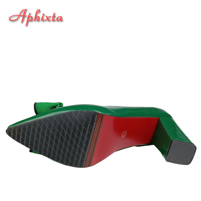 Fashion Aphixta 2024 New 10cm Square Heel Double Layer Dark Green Flowers Shoes Women Pumps Party Officile Pointed Toe Plus Size 50