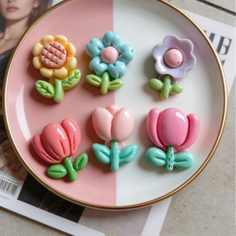 Colorful Resin Flower Charms Cute Glossy Surface For Diy Jewelry Phone Case Hair Clip Crafts