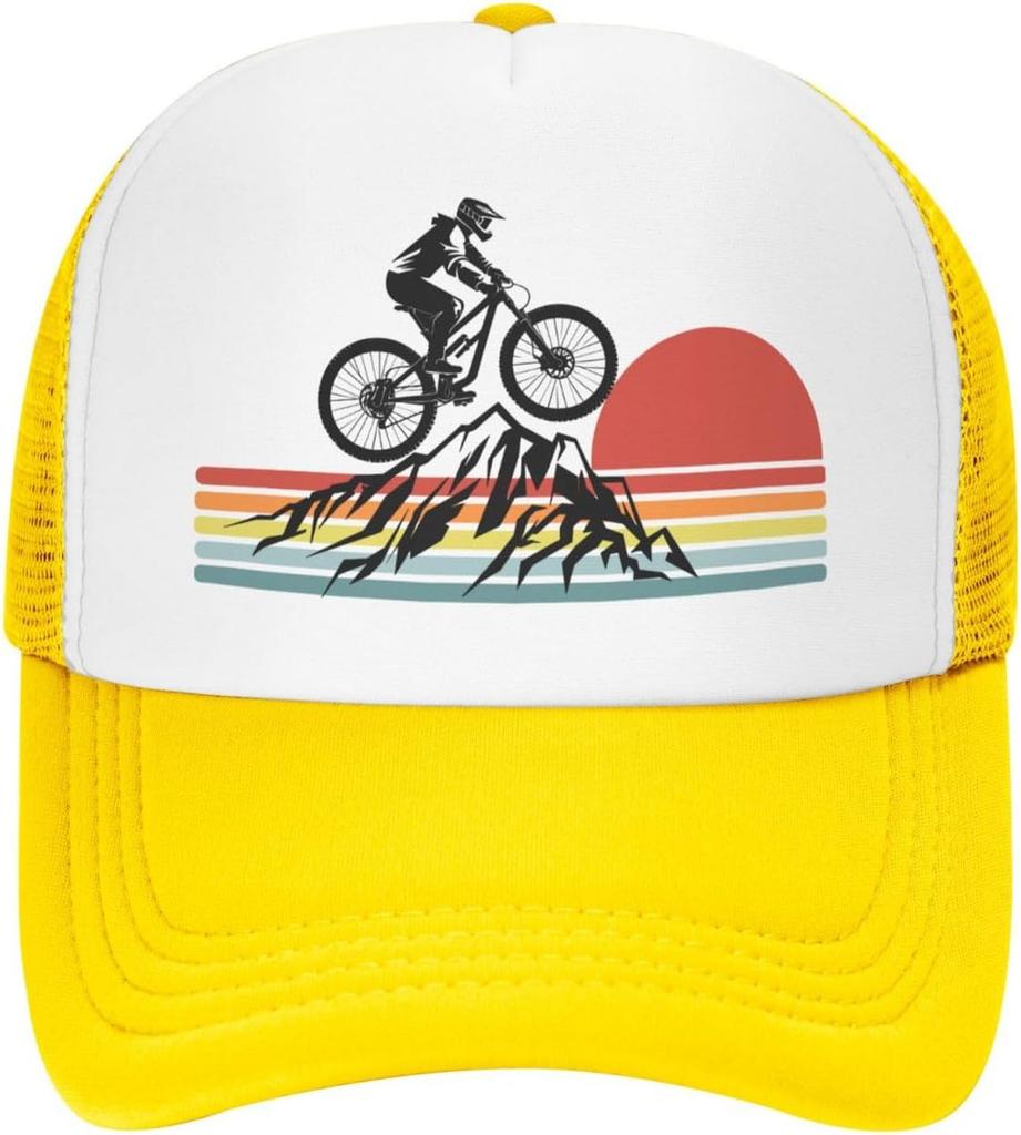 Mountain Biking Sunset Graphic Trucker Hat Polyester Mesh Adjustable Outdoor Cycling Baseball Cap