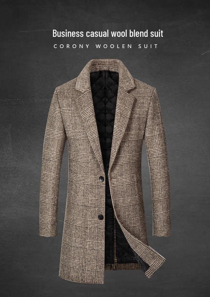 Yi Zhi Fan Men's Plaid Wool Coat - Mid-Length, Thickened Suit Collar Windbreaker