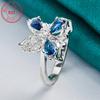 Pure silver hollow blue butterfly synthetic zircon ring, luxurious classic fashion design, perfect for daily wear and parties