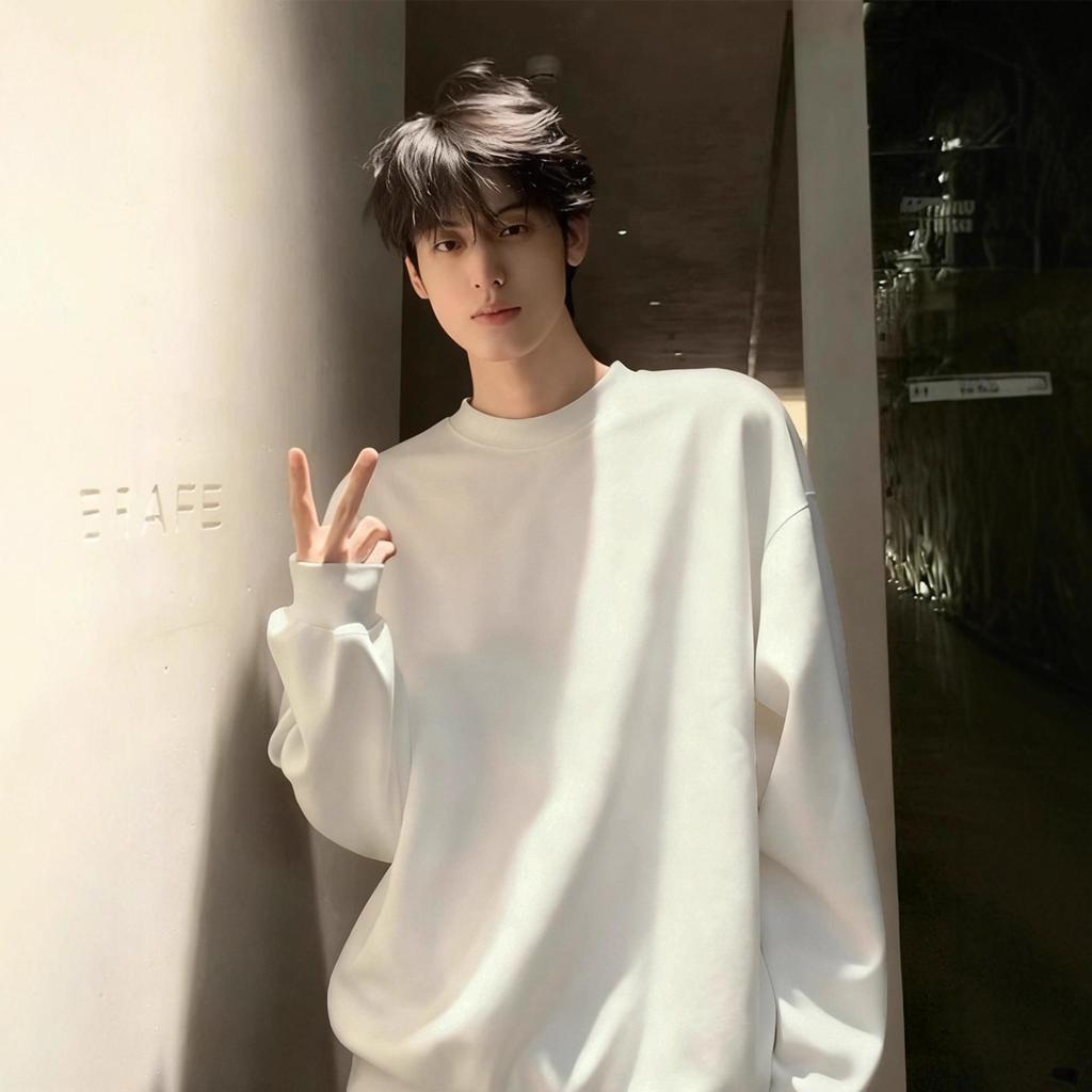 Men's Heavyweight White-Gray Fleece Hoodie: Autumn/Winter Loose Fit, Round Neck Long-Sleeve Pullover