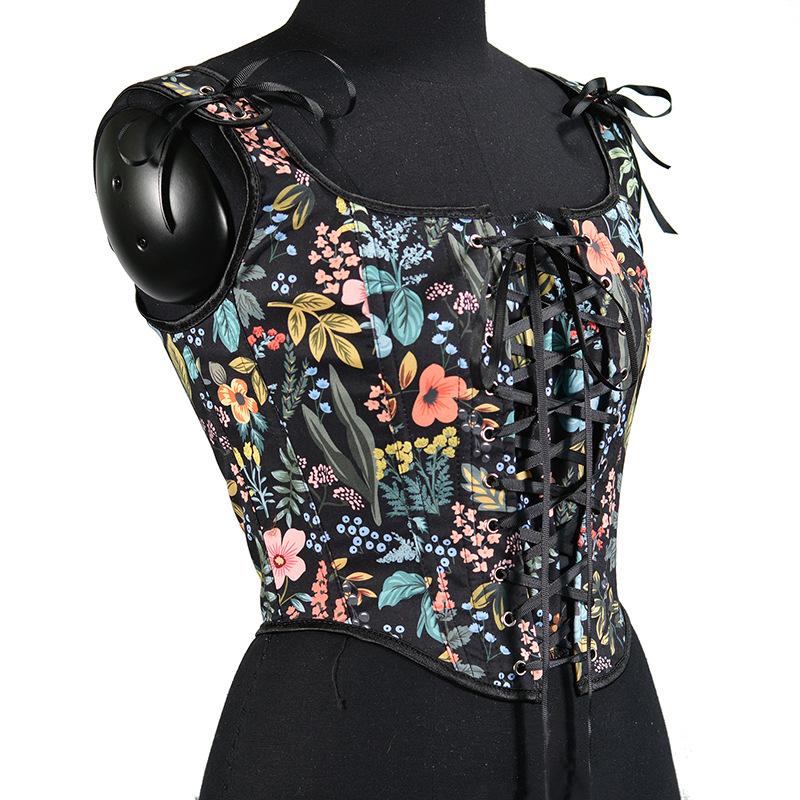 Damen Elegant Kurz Vintage Ärmellos Blumen Schnürung Slim Fit Party Club