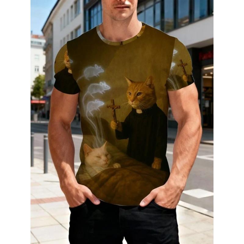 Summer Plus Men's Casual T-shirt Fashionable Blue Cat 3D Printed Sports Short Sleeved Round Neck Tops