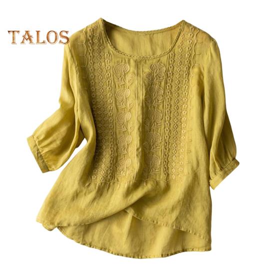 Dameskjorte med rund hals og halve ermer Broderi Blomstermønster Topper Ensfarget Tynn retro bluse Daglig slitasje