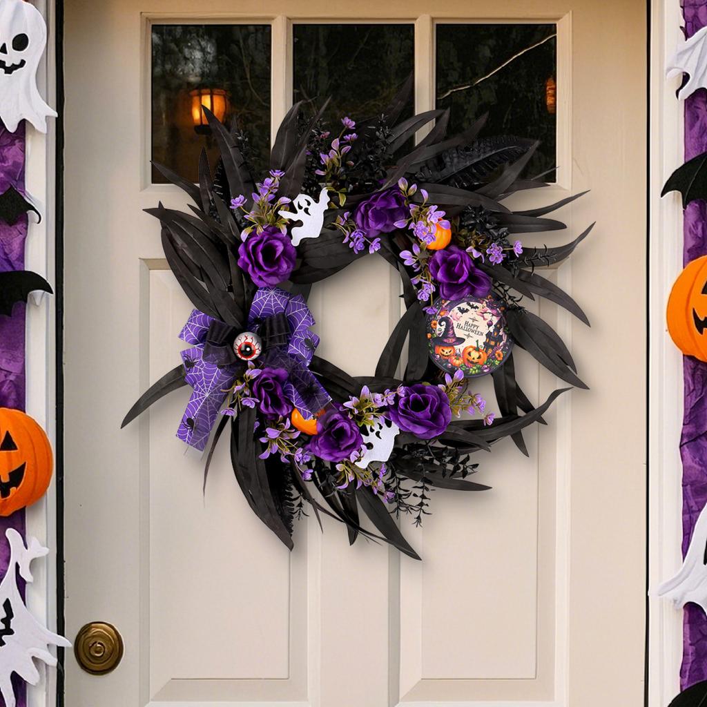 Halloween   Wooden Sign Wreath Window Door Hanging Festival Simulation Horror Doll Mesh Vine Ring Decoration