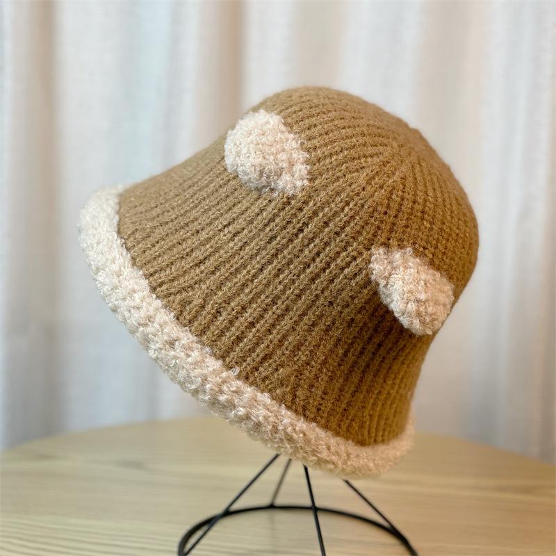 Cute Bear Ears Plush Fisherman Hat for Women New Spring and Autumn Versatile Face Showing Small Knitted Bucket Hat Winter