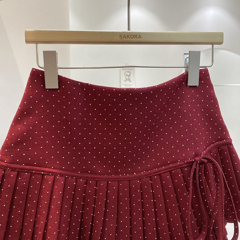 Women's High Waist Red Polka Dot Pleated A-Line Skirt - Anti-Exposure, Autumn/Winter, Short, Bow Detail, Petite Fit
