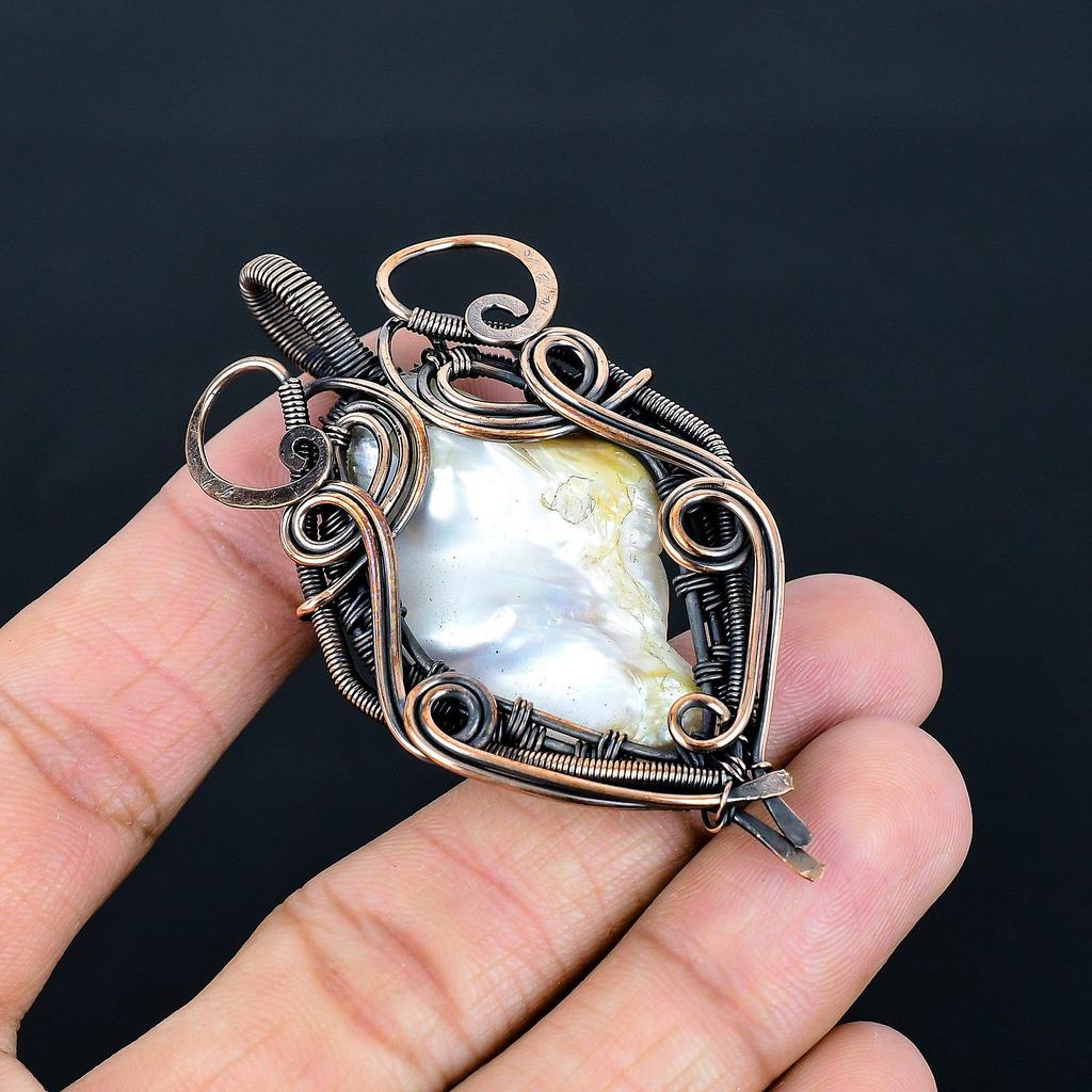 Biwa Pearl 999 Copper Wire Wrapped Pendant, Handmade Gemstone Pendant Jewelry, Gifts For Wife Brand New Pendant