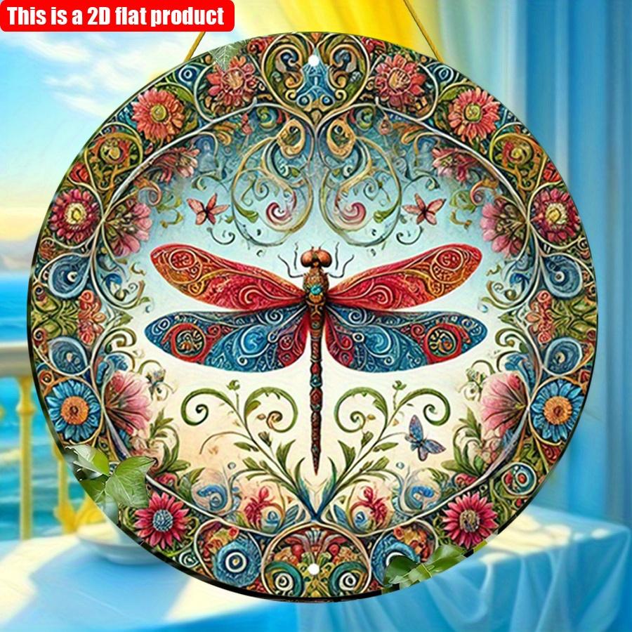 2D Flat 20*20cm1pc Colorful Dragonfly Pattern Wooden Wall Art Plaque, Round with Delicate Floral and Insect Design for Home, Garage, Garden and Cafe