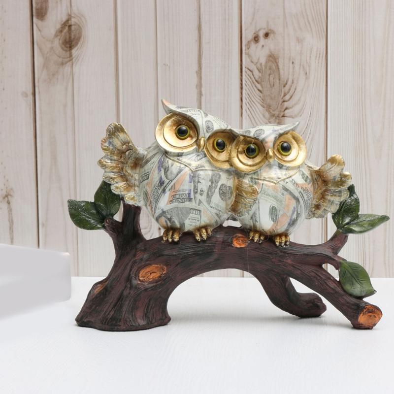 Dollar Print Owl Perching On Tree Branch Sculpture Figurine Water Transfer Handmade Resins Desktop Ornament Home Decors