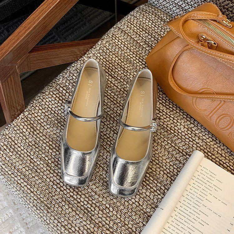 

Korean version of gentle rhinestone Mary Jane shoes women s summer fashion one-pedal small leather shoes lightweight versatile thick heel single shoes 40 серебряный
