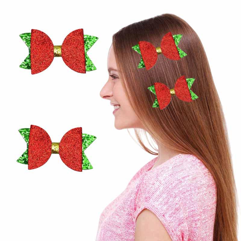 European and American Style Double-Layer Glitter Christmas Bow Hair Clip in Red and Green