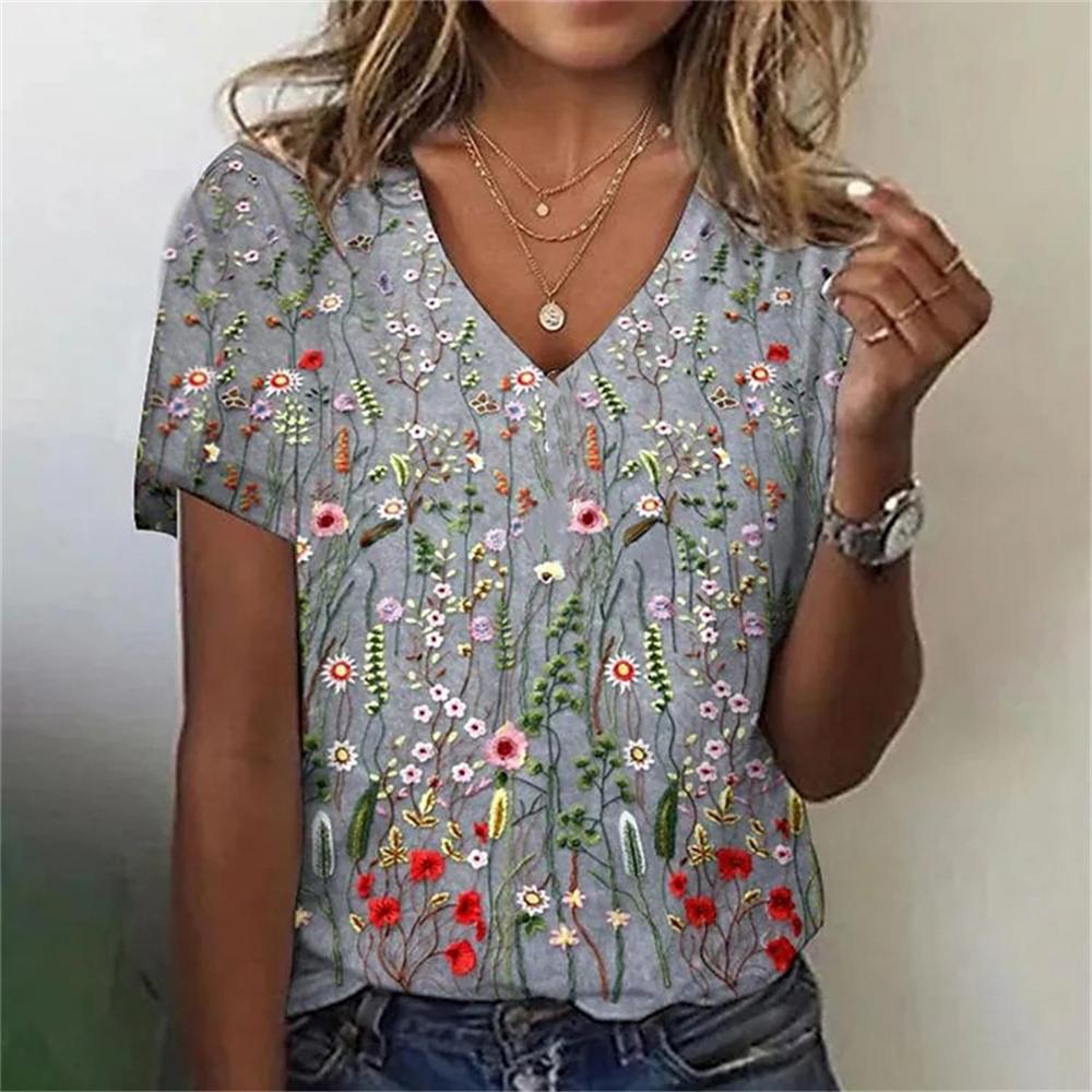 Flower Floral 3D Print T-Shirts Women Streetwear Summer Harajuku T Shirt Y2k Tops V-Neck Tees Woman Female Oversized Clothing