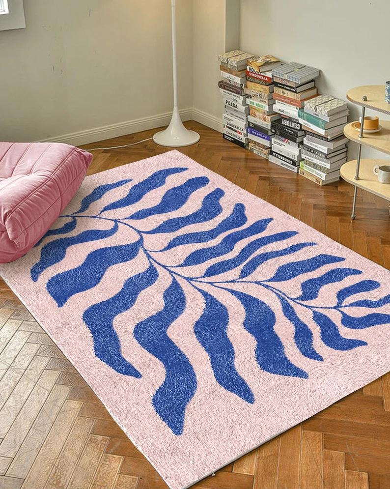 Blue Pink Matisse Leaf Carpet Funky Retro Danish Pastel Decor Rug Bedroom Living Room Rug Modern Y2K Rug Plush Trendy Accent Rug