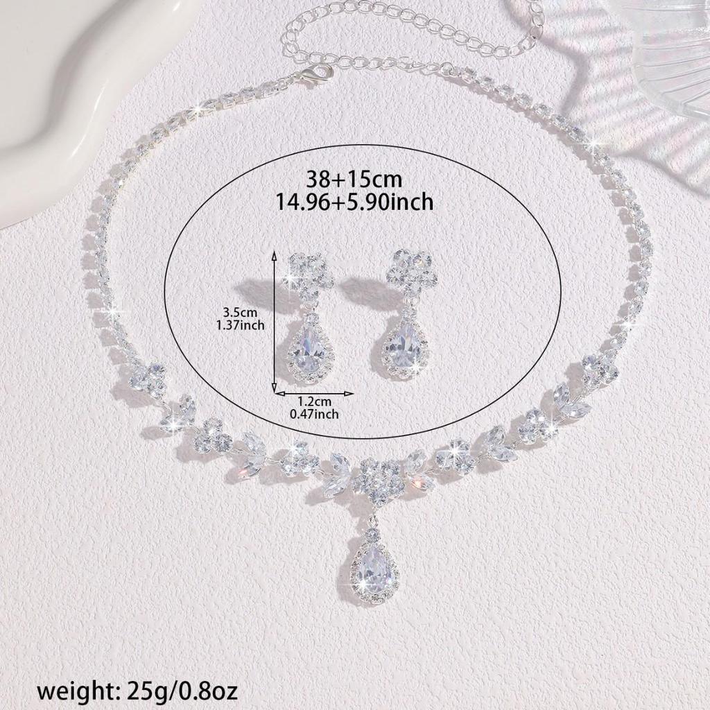 Elegant French Zircon Teardrop Earrings & Necklace Set - Versatile Bridal Jewelry