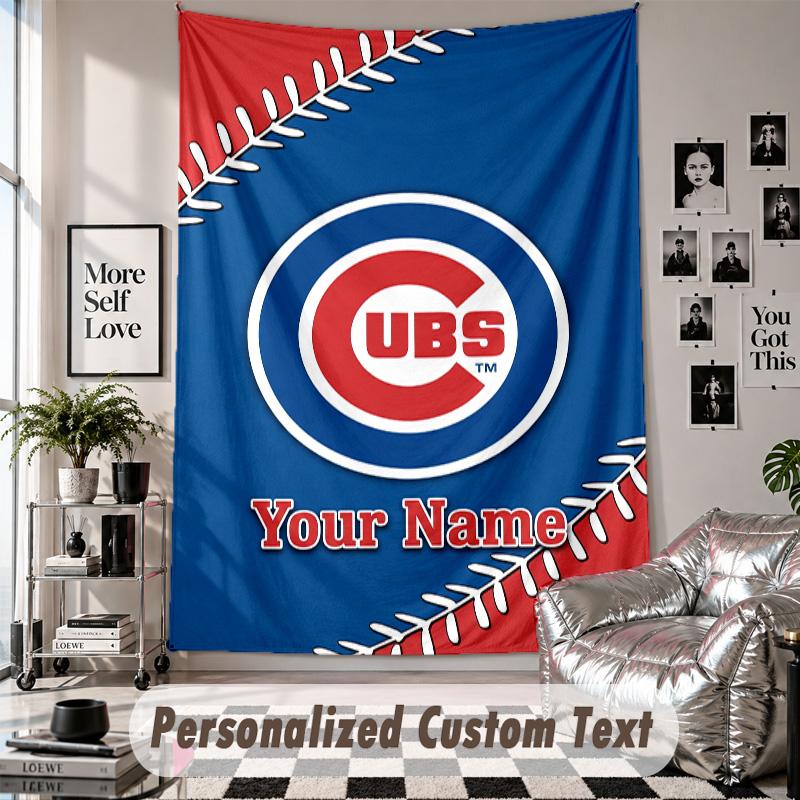 Wall Hanging Tapestry With Custom Name & Text, Chicago Cubs Decorative Tapestry For Bedroom