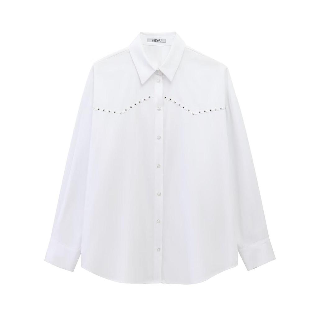European & American 2025 Spring Women's Rivet Punk Loose Poplin Turn-Down Collar Shirt