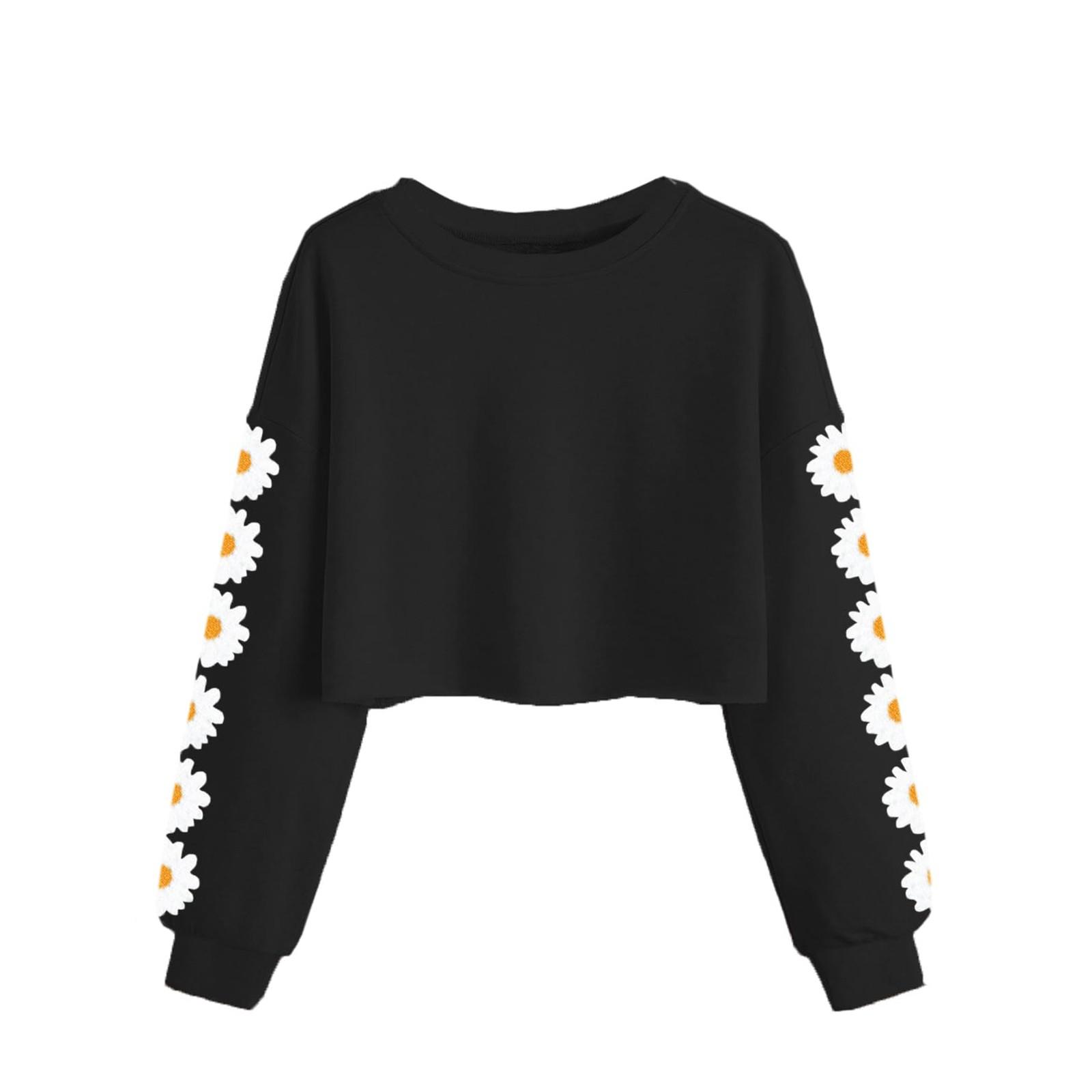 

Детские укороченные топы для девочек с длинным рукавом, футболки, симпатичная модная толстовка с принтом «Daisy», пуловер, топ 150 чёрный