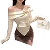 DeRong Irregular Bow One-Shoulder Knit Top - Slim Fit Women's Long-Sleeve for Autumn/Winter Collection