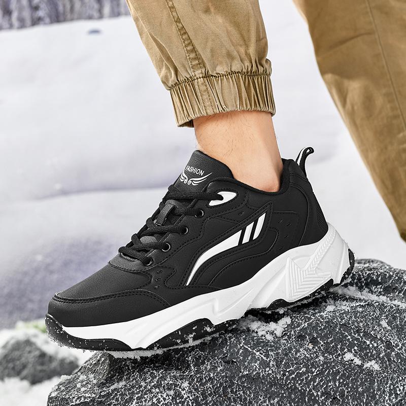 Autumn and Winter Men's Leather Sneakers Casual Plush Shoes Warm Footwear Snow Shoes Anti Slip Sneaker