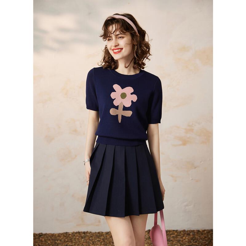 Bailuyu Color-block Floral Knit Short-Sleeve Top S