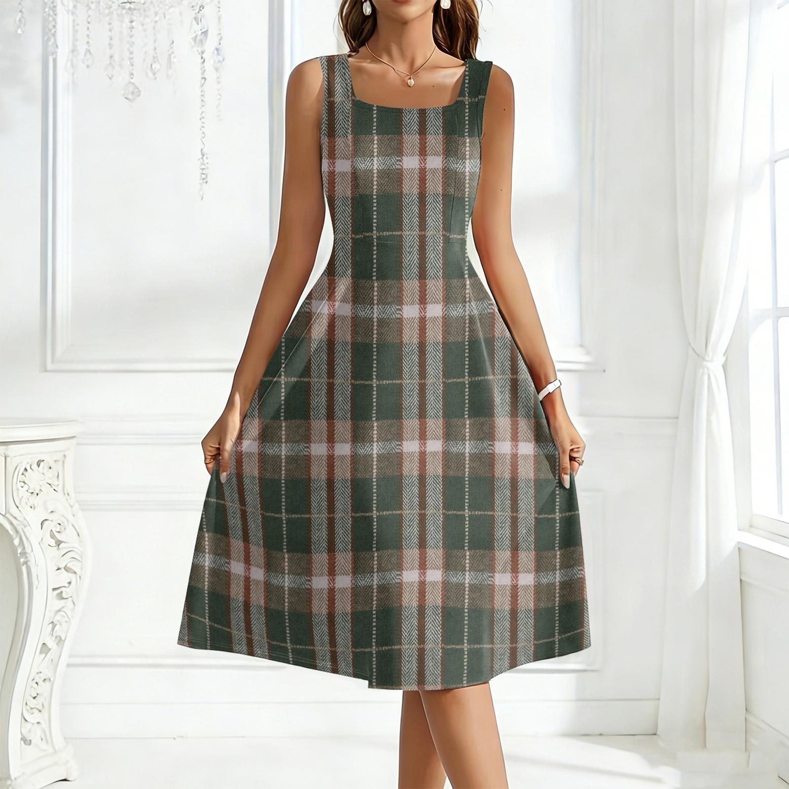 

Sleeveless Dress for Women 2026 Boho Maxi Dress with Plaid Print Suitable as Spring Wedding Guest Dress and Cocktail Dress L армия зеленый