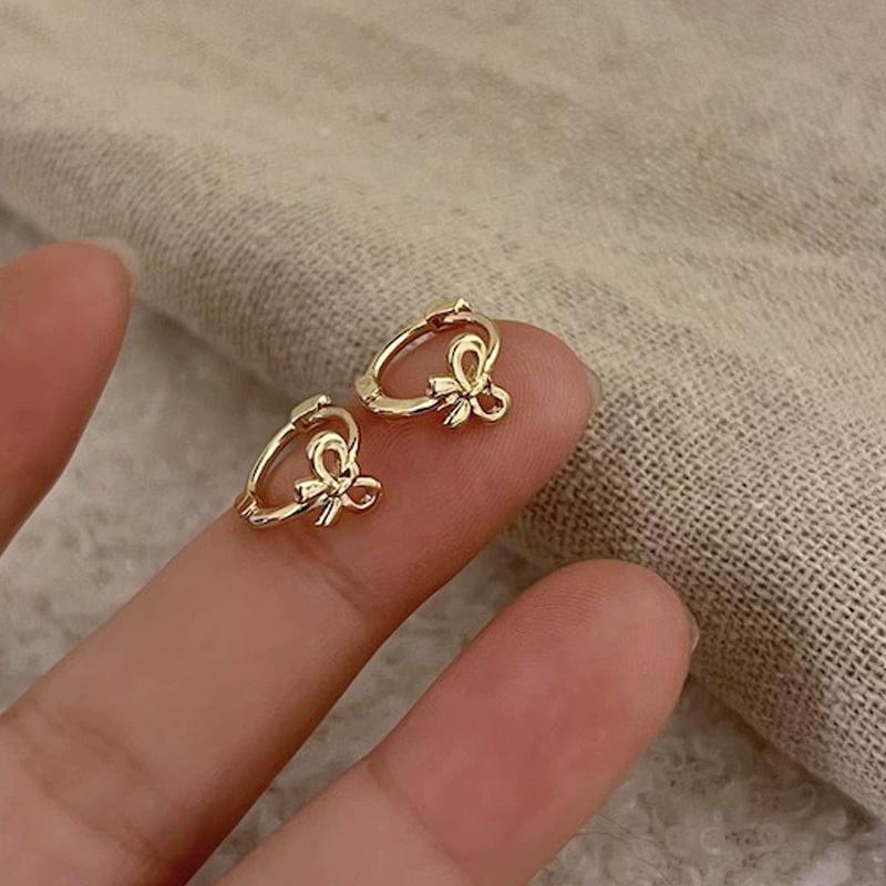 Golden Silver Color Bow Knot Hoops for Girls Small Ear Cuff Earrings Trendy Sweet Round Circle Cute Earrings Fashion Jewelry
