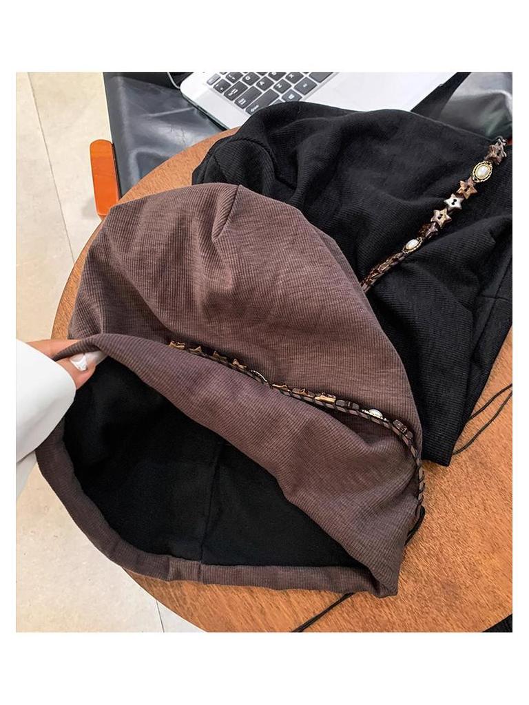 2025 Czapka typu slouchy w stylu koreańskim z koralikami: Damska prosta czapka beanie na wiosnę/jesień dla dużego obwodu głowy