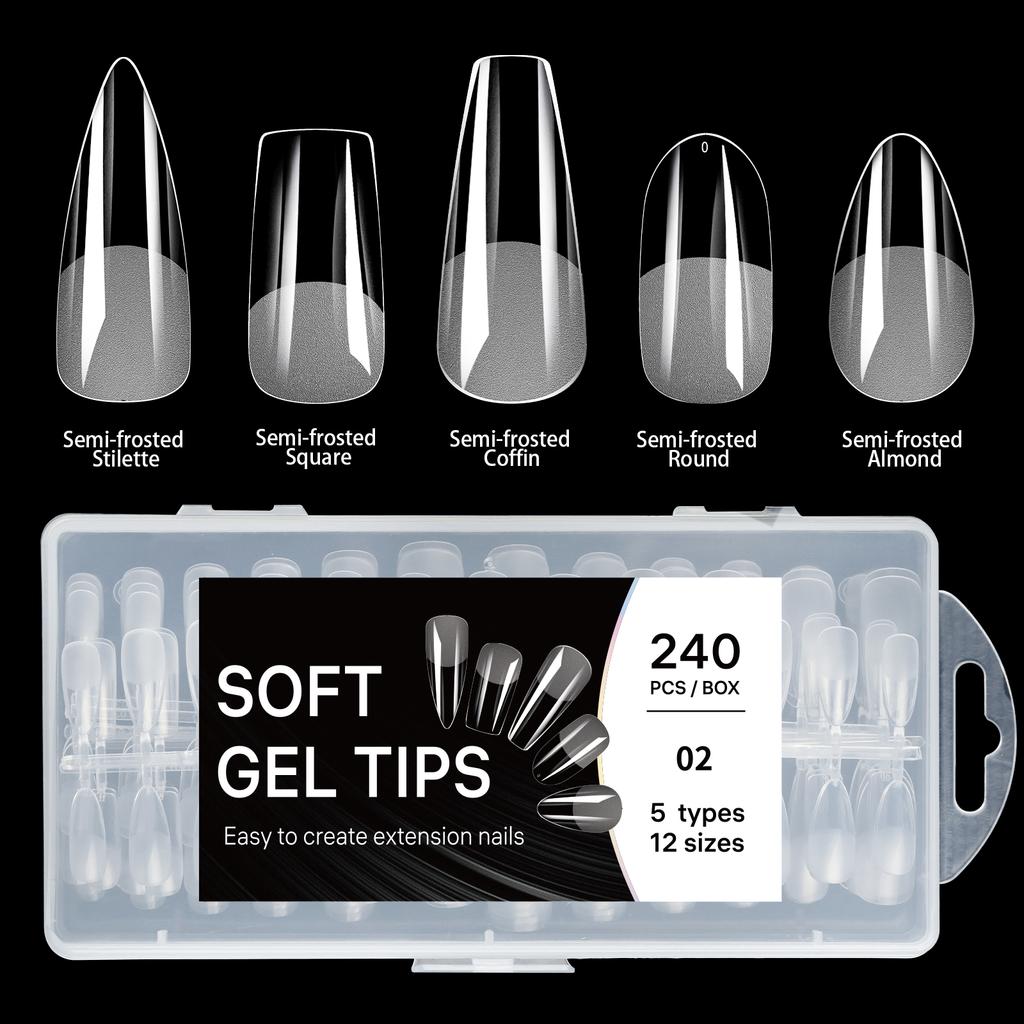 5 In 1 Boxed False Nail Tips Soft Gel Full Cover Semi-matte Capsules Almond French Coffin Fake Nails Extension Press On Nails
