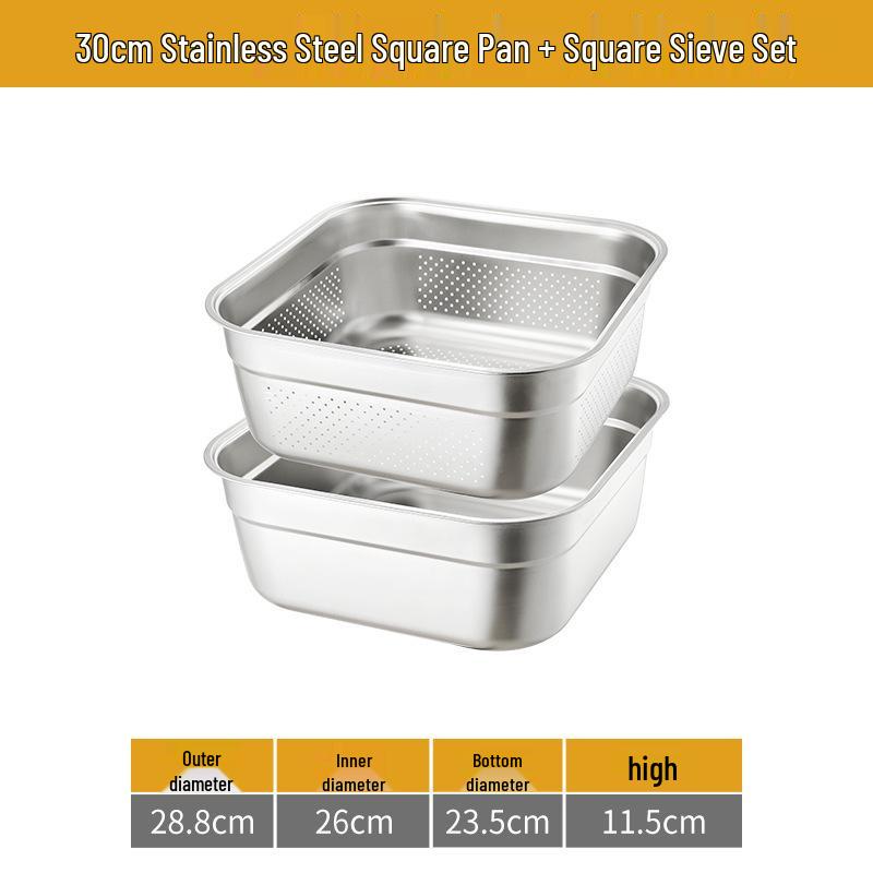 Large 304 Stainless Steel Colander with Lid - Square Vegetable Washing and Oil Draining Basin