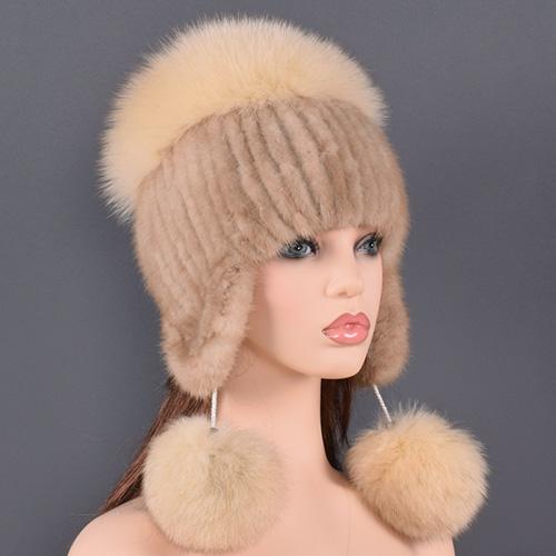 Natural Fur Hat For Women Real Mink Fur and Fox Fur Handmade Winter Female Cap Genuine Fur Lined Beanies Big Fox Fur Pompom Hats