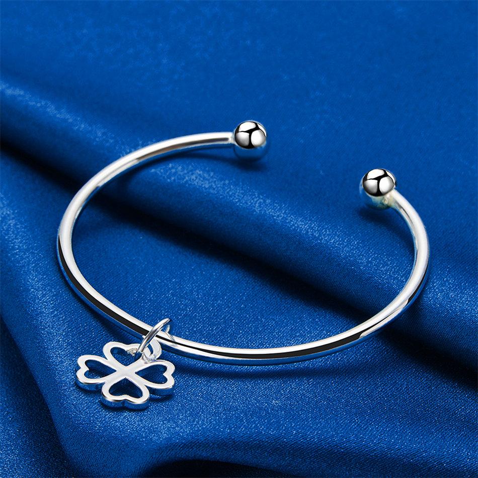 Elegant 925 Sterling Silver Delicate Four-Leaf Clover Open Bangle for Women, Fashionable Wedding Party Accessories