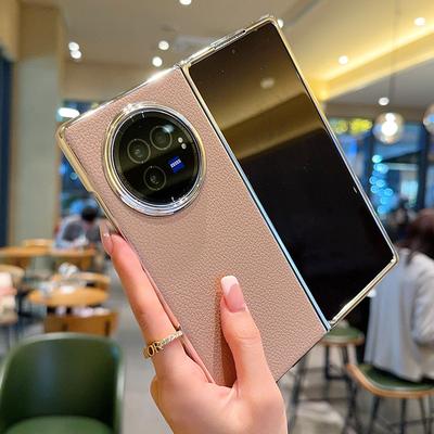 Moblie Phone Case for Vivo X Fold5 Electroplated Lychee Pattern Leather Shell for Vivo X Fold3 Pro Simple Luxury Hard Back Cover