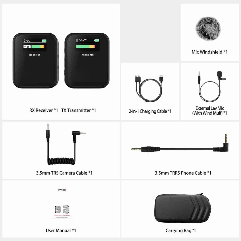 Wireless Lavalier Microphone 2.4G Noise Reduction TFT Screen 1 Channel Lapel Mic System for Vlogging Streaming Black