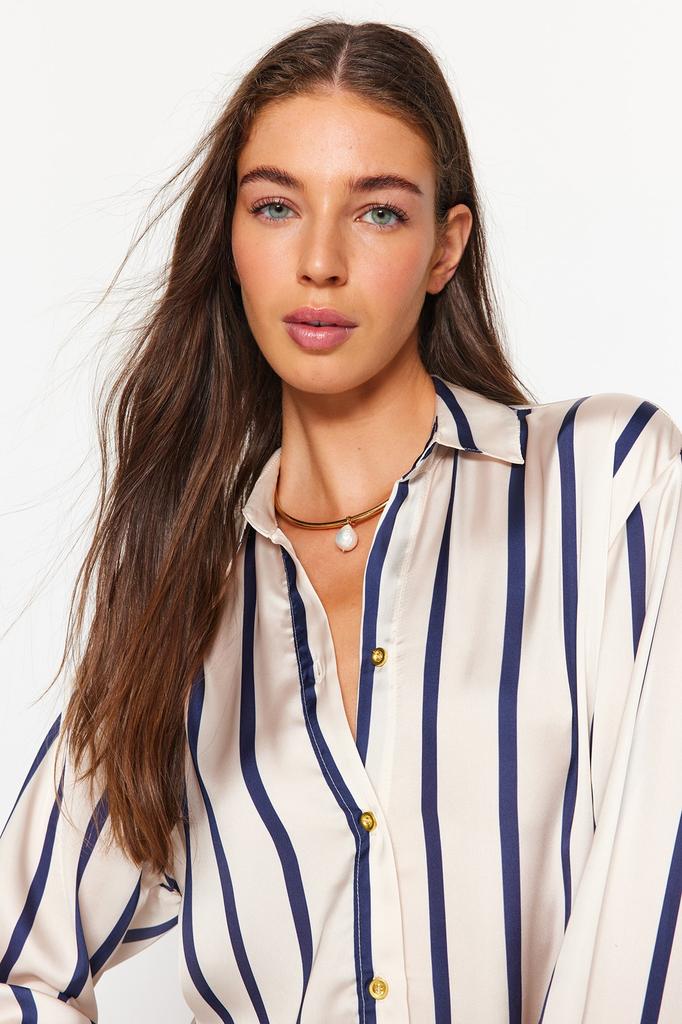 Women's Fashion New Shirt Ecru Striped Satin Woven Shirt