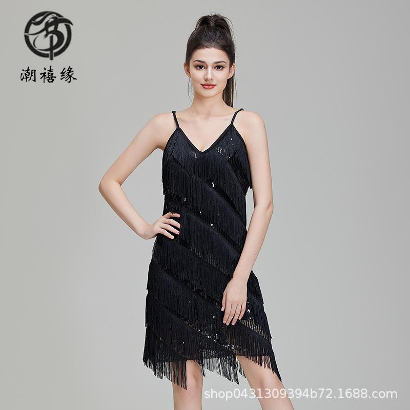Prom sequins fringed Latin dress V-neck party dress performance dress stage performance competition dress