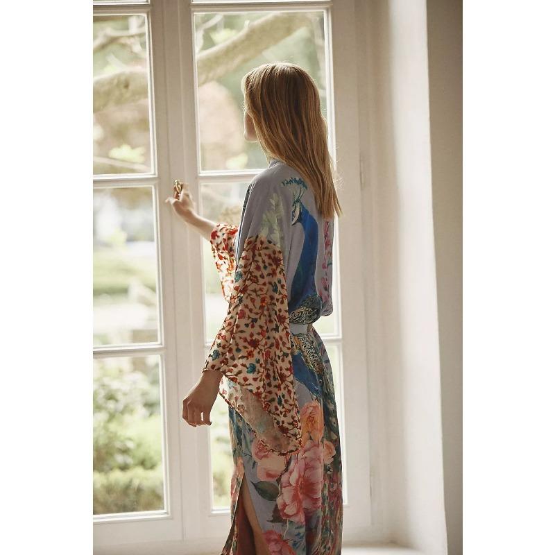 Women's Fashion Spring Fall Flower Pattern Print Long Sleeve V-Neck High Waist Casual Dresses