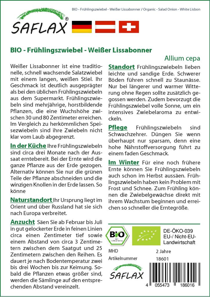 SAFLAX Garden In the Bag - Organic - Salad Onion - White Lisbon - 150 Seeds - With Substrate In a Fitting Stand Up Bag - Allium Cepa