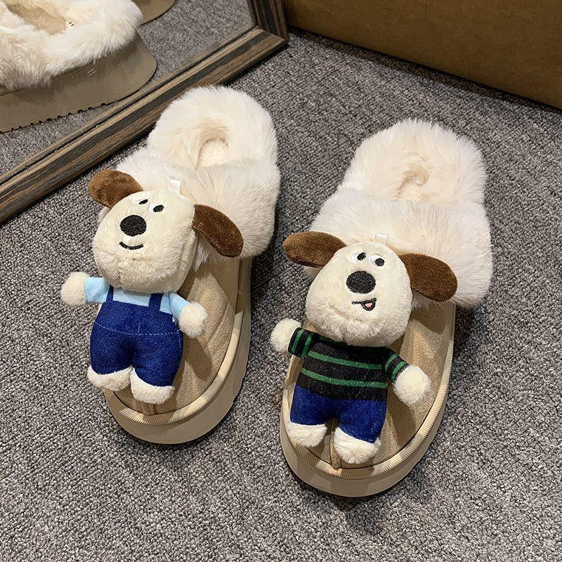 2025 Autumn and Winter New Outer Wear Cartoon Cute Puppy Fleece Cotton Slippers Women Non-slip Soft-soled Plush Slippers Women