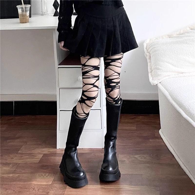 Gothic Schwarze zerrissene Strümpfe – Unregelmäßige Punk-Halloween-Socken für Frauen