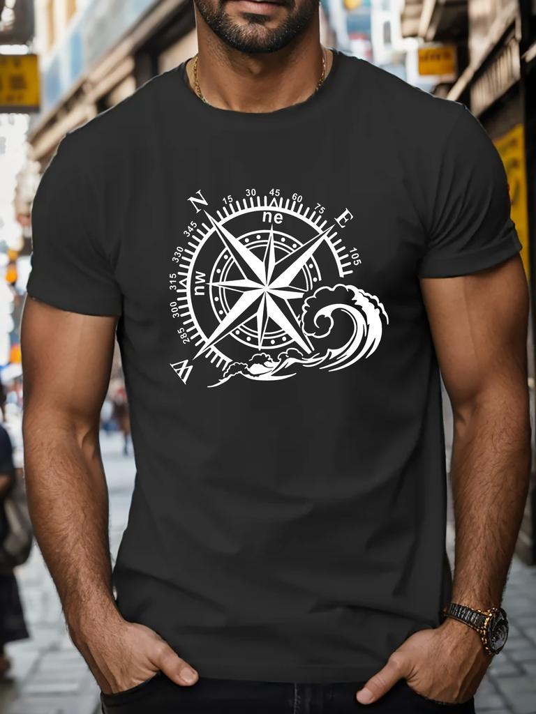 Mens Compass Graphic Tee Casual Short Sleeve TShirt Breathable Polyester Summer Fashion Top
