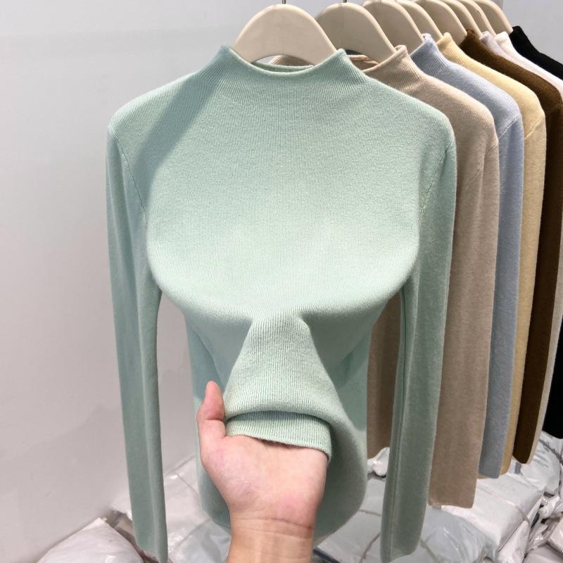 Simple Solid Color Small Stand-up Collar Milk Fufu Versatile Knitted Sweater Spring Soft Waxy Bottoming Shirt Women's Inner Top