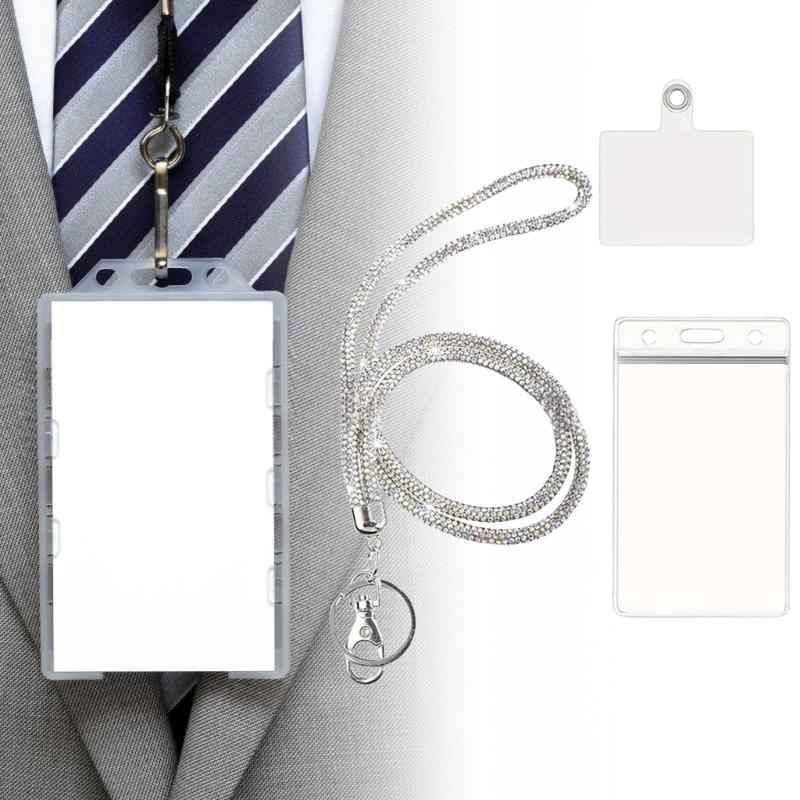 Lanyard for Badge Holder Keychain with Card Holder Water Resistant Card Badge Holder Rhinestones Lanyard Necklace Set